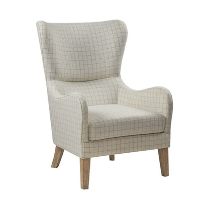 Arianna Swoop Wing Chair in beige grid upholstery with high-density foam and tapered wood legs on Tampa Home & Garden Store