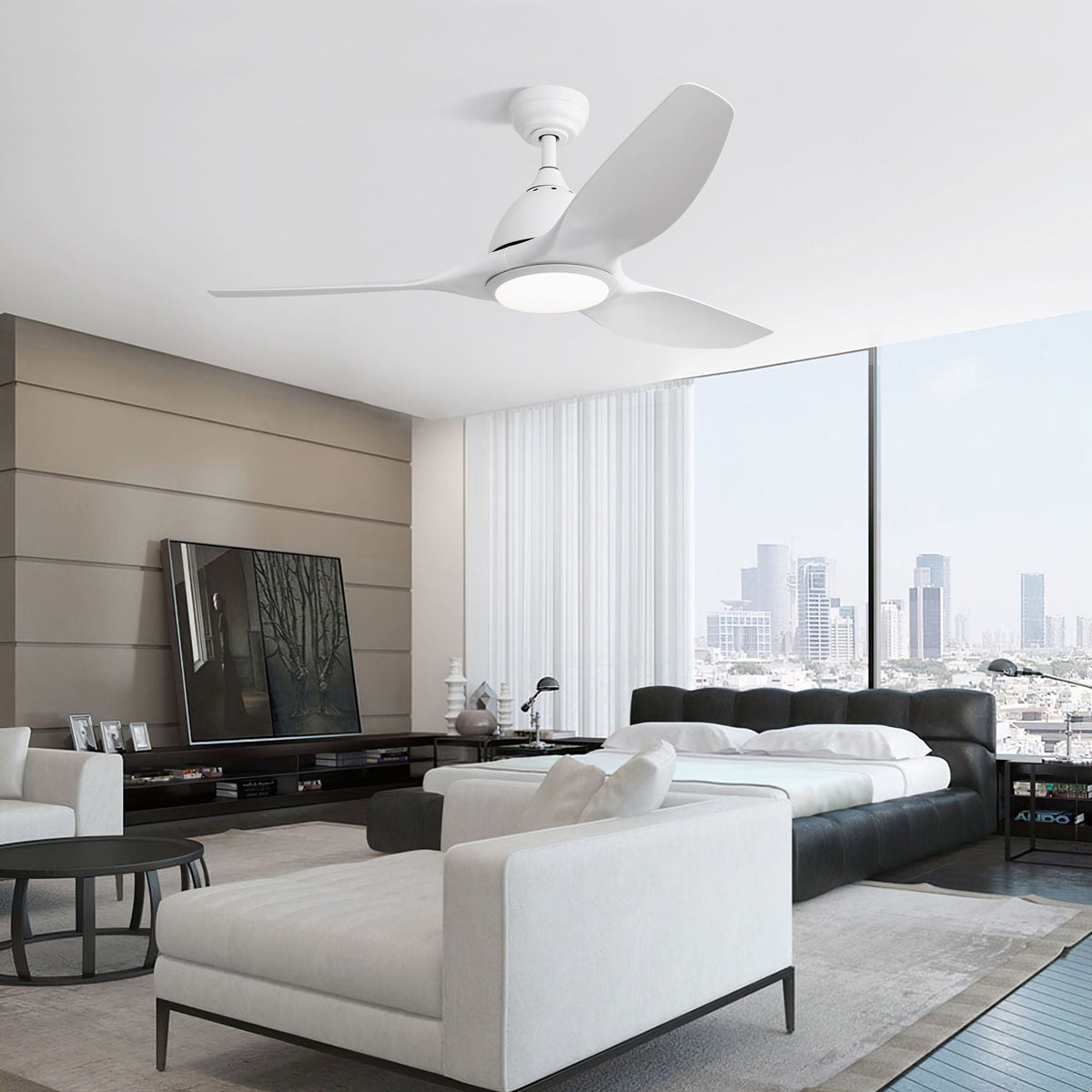 Bredoom 52-inch ceiling fan with LED light and remote, white finish in a modern living room on Tampa Home & Garden Store
