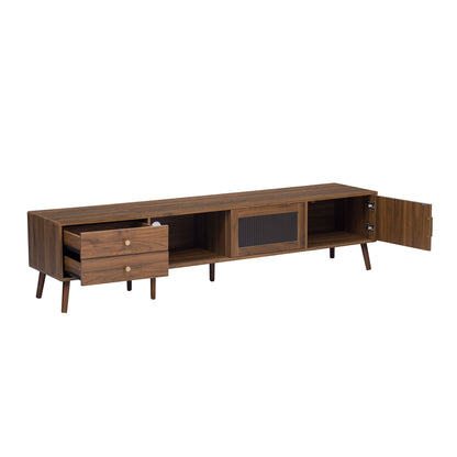 76in TV Stand with storage drawers and cabinet doors in walnut finish, mid-century legs on Tampa Home & Garden Store