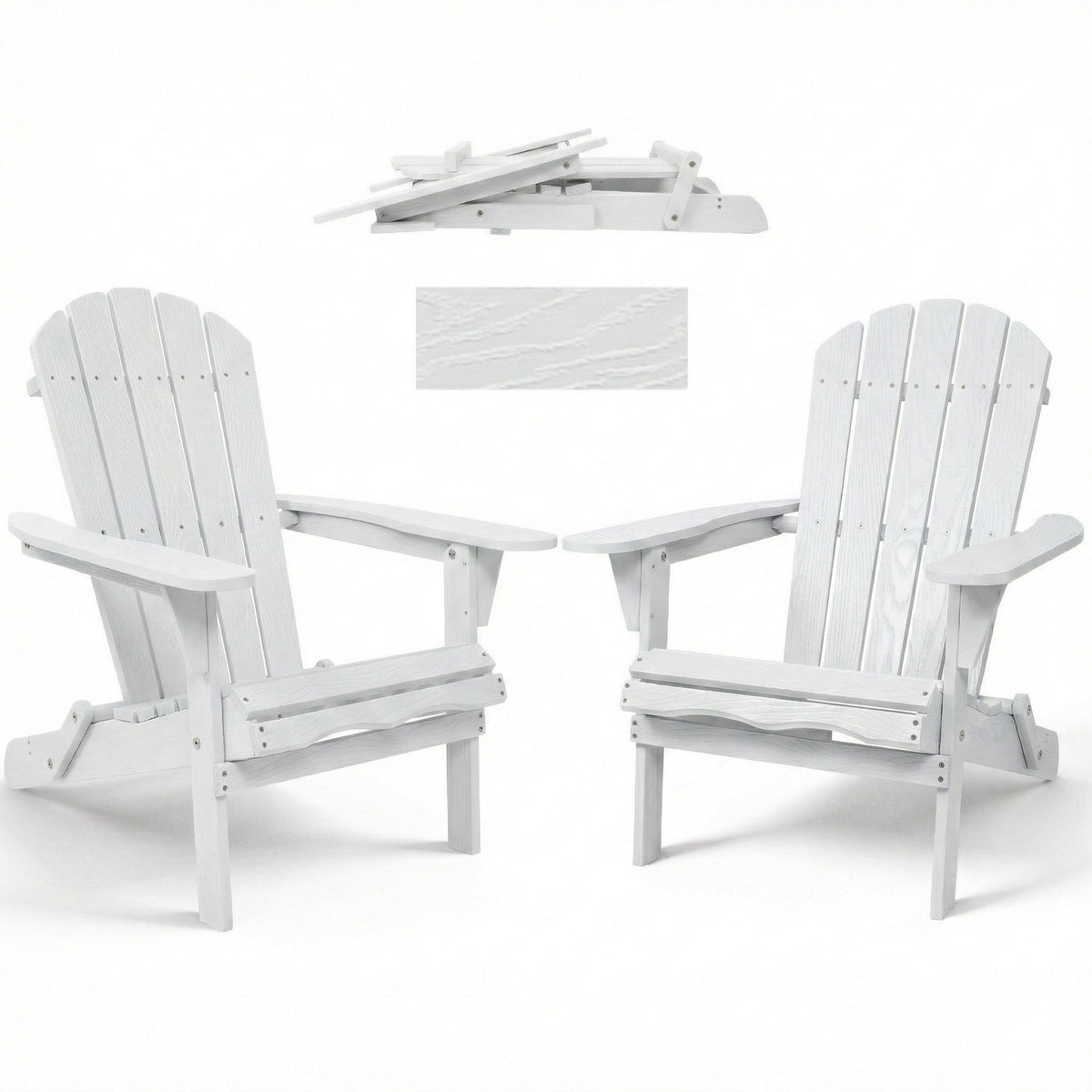 Folding Adirondack lounge chairs white embossed grain texture pair with wide arms on Tampa Home & Garden Store