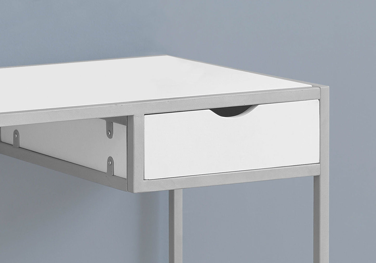 Computer desk with white top and silver metal frame, 1 storage drawer with curved handle on Tampa Home & Garden Store