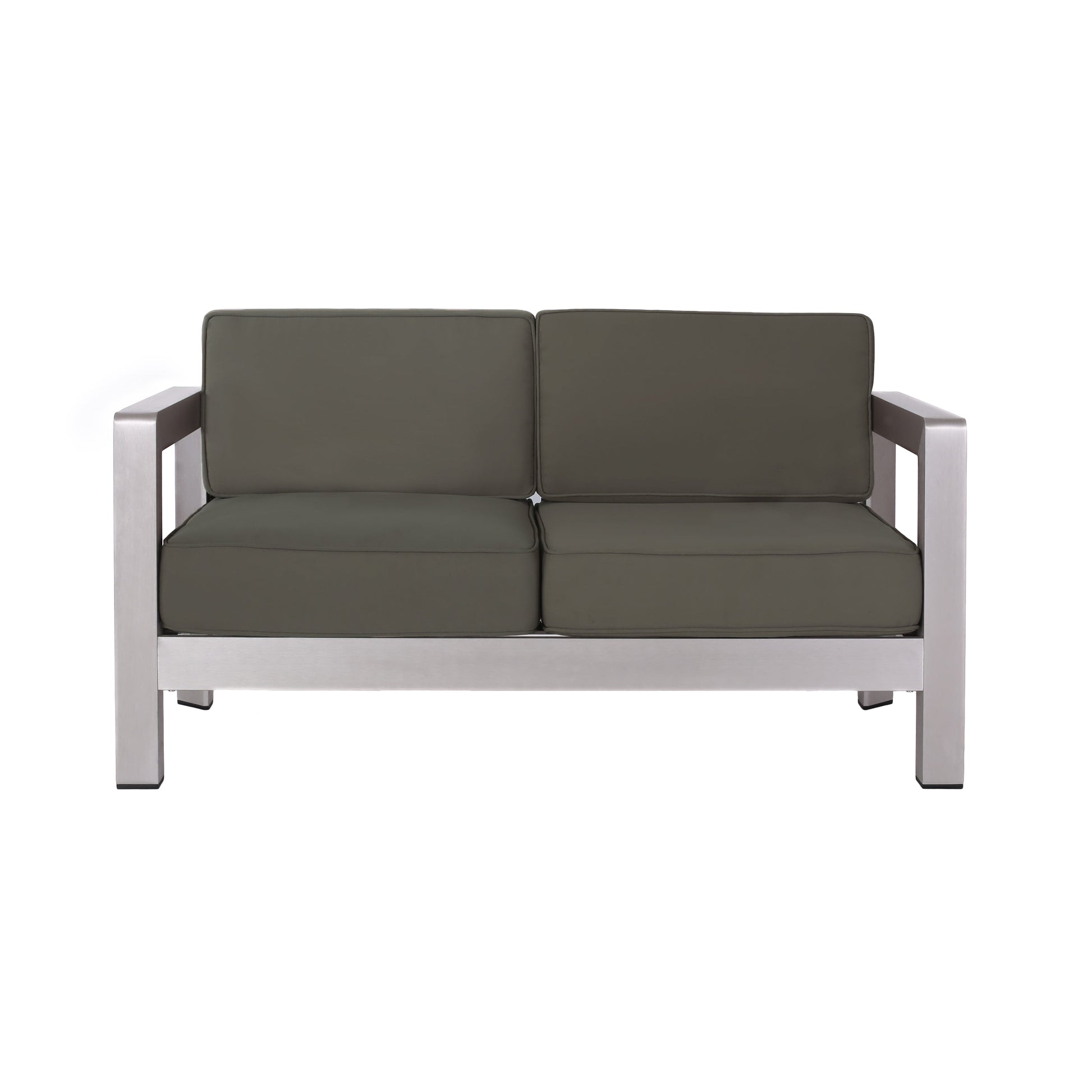 Outdoor aluminum loveseat with low-profile frame and deep olive cushions HouseOfZazla on Tampa Home & Garden Store