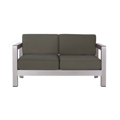 Outdoor aluminum loveseat with low-profile frame and deep olive cushions HouseOfZazla on Tampa Home & Garden Store