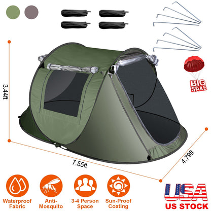 GemGear 3-4 Person Pop Up Tent green waterproof automatic setup with 2 mosquito net windows on Tampa Home & Garden Store