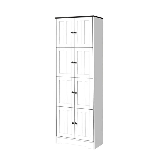 Tall white accent cabinet with 8 front doors, black trim, dark wood top, 4 internal shelves on Tampa Home & Garden Store