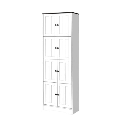 Tall white accent cabinet with 8 doors and 4 shelves, black trim, HouseOfZazla on Tampa Home & Garden Store