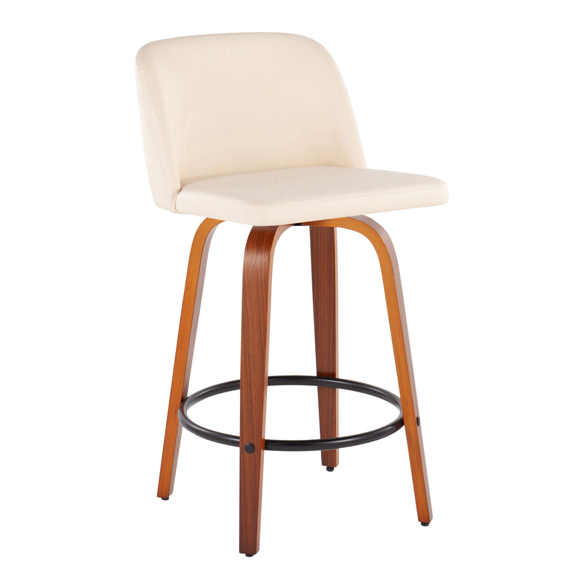 Toriano counter stools set of 2, beige upholstered seat with curved wood legs and black footring on Tampa Home & Garden Store