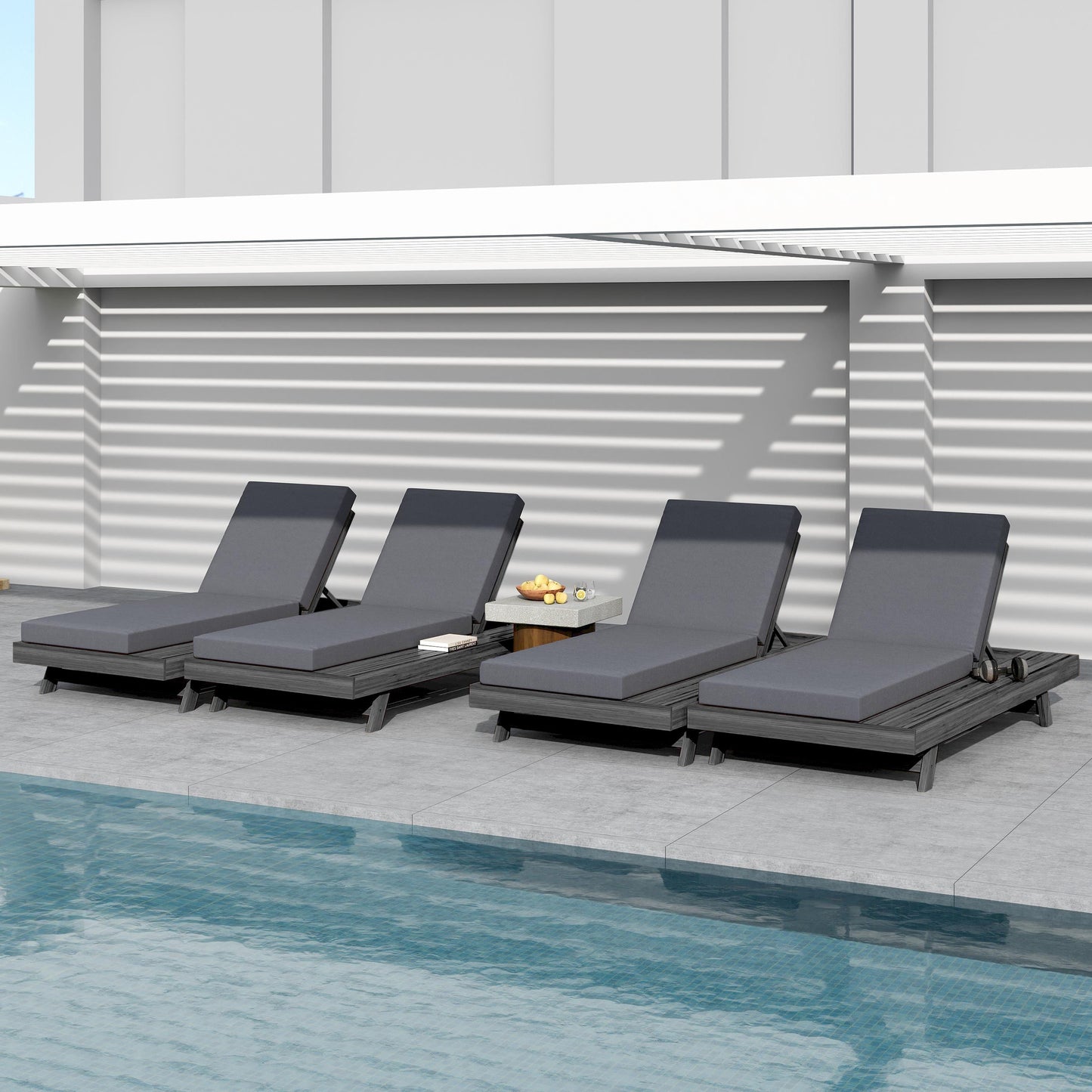 Outdoor chaise lounge set in black acacia with water-resistant cushions; 5 loungers by pool on Tampa Home & Garden Store
