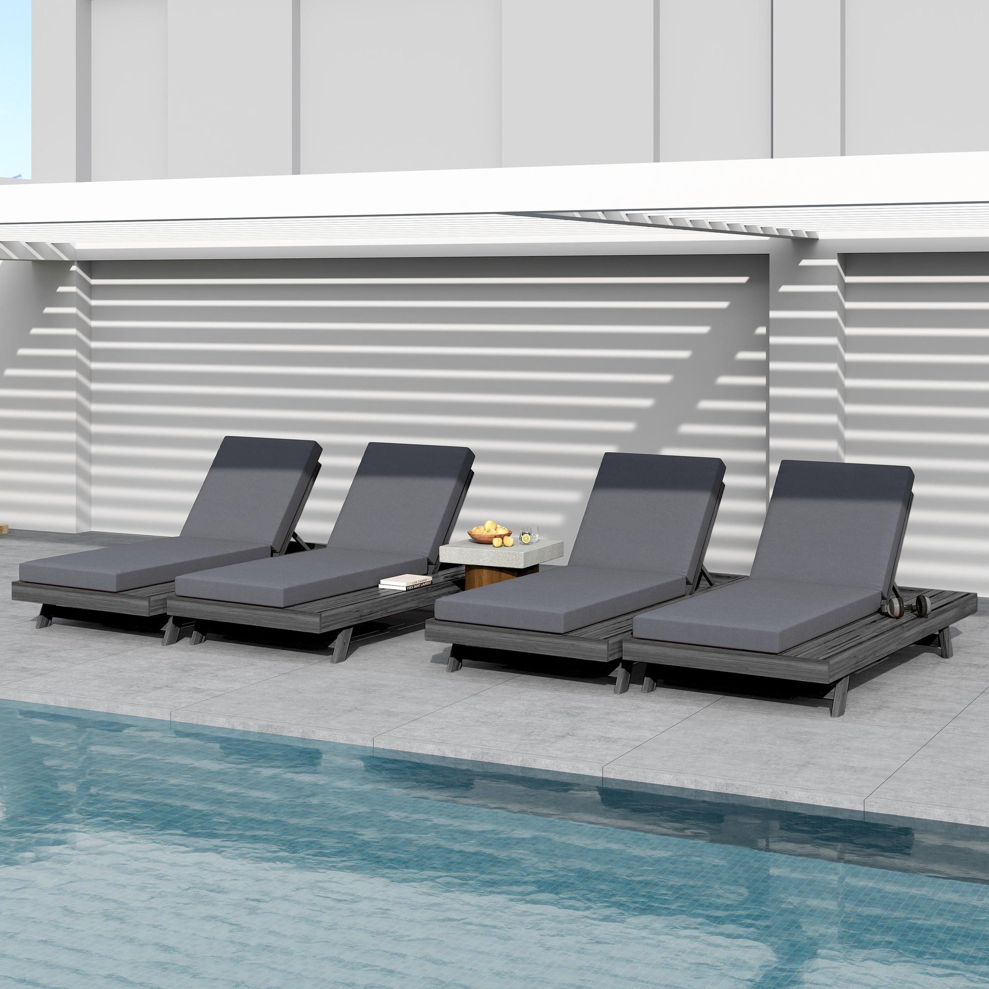 Outdoor chaise lounge set in black acacia with water-resistant cushions; 5 loungers by pool on Tampa Home & Garden Store