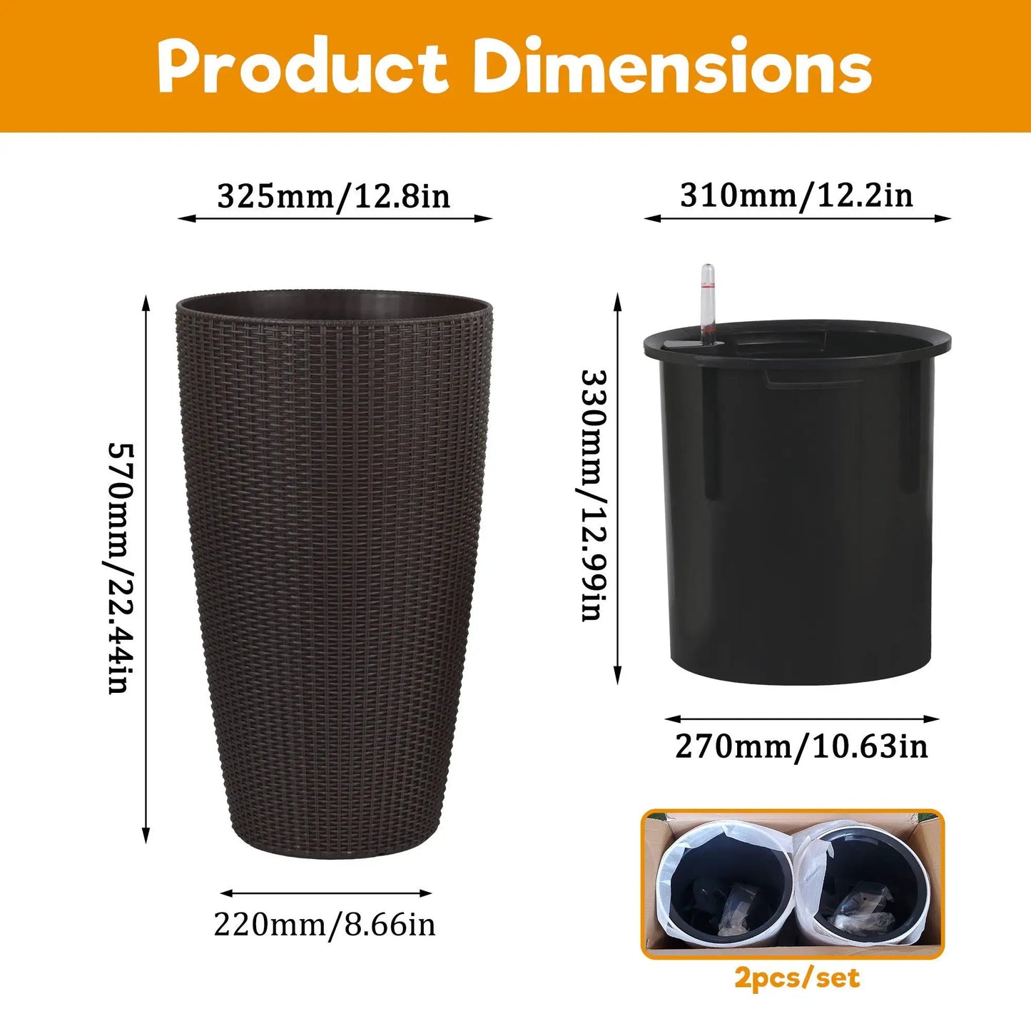 Tall Planters Set with Water Level Monitor