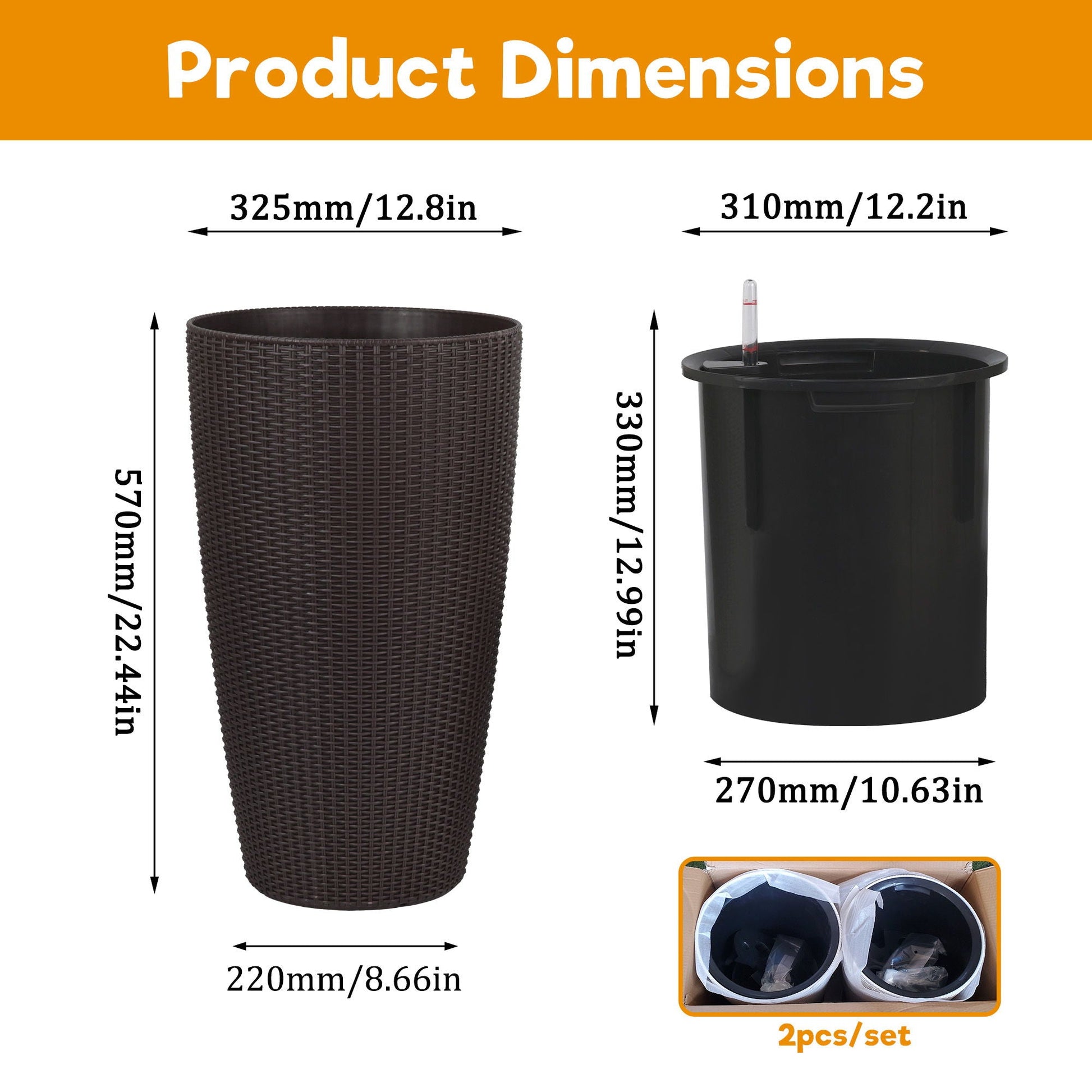 Tall wicker planters set with water level monitor and auto watering, 2pc by HouseOfZazla on Tampa Home & Garden Store