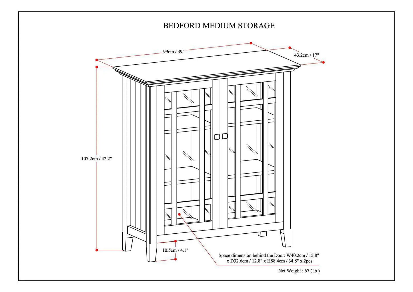 Bedford Storage Media Cabinet with Glass Doors