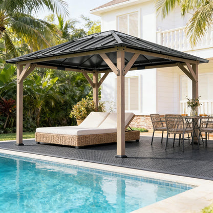 Spacious Outdoor Hardtop Gazebo by HouseOfZazla with dark metal roof and wood posts by pool on Tampa Home & Garden Store