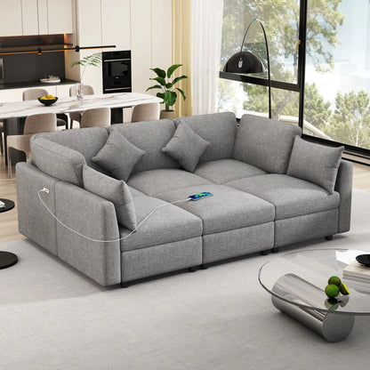 Sectional sofa modular U-shaped with ottoman in gray fabric featuring USB ports, 2-piece living room set on Tampa Home & Garden Store