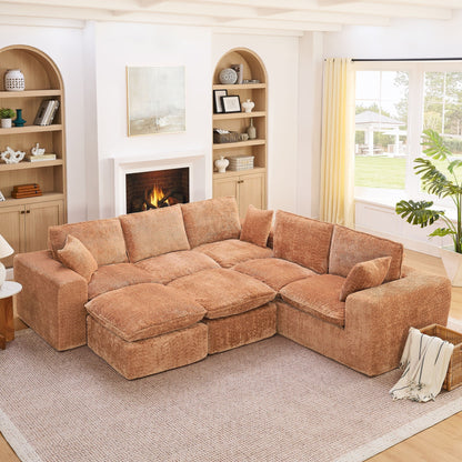 HouseOfZazla 3-piece sectional sofa with moveable ottoman in tan-brown fabric on Tampa Home & Garden Store