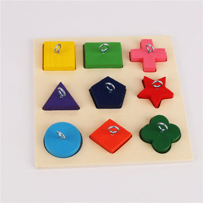 Parrot training toy: 9 colorful wooden blocks on a beige board with metal rings on Tampa Home & Garden Store
