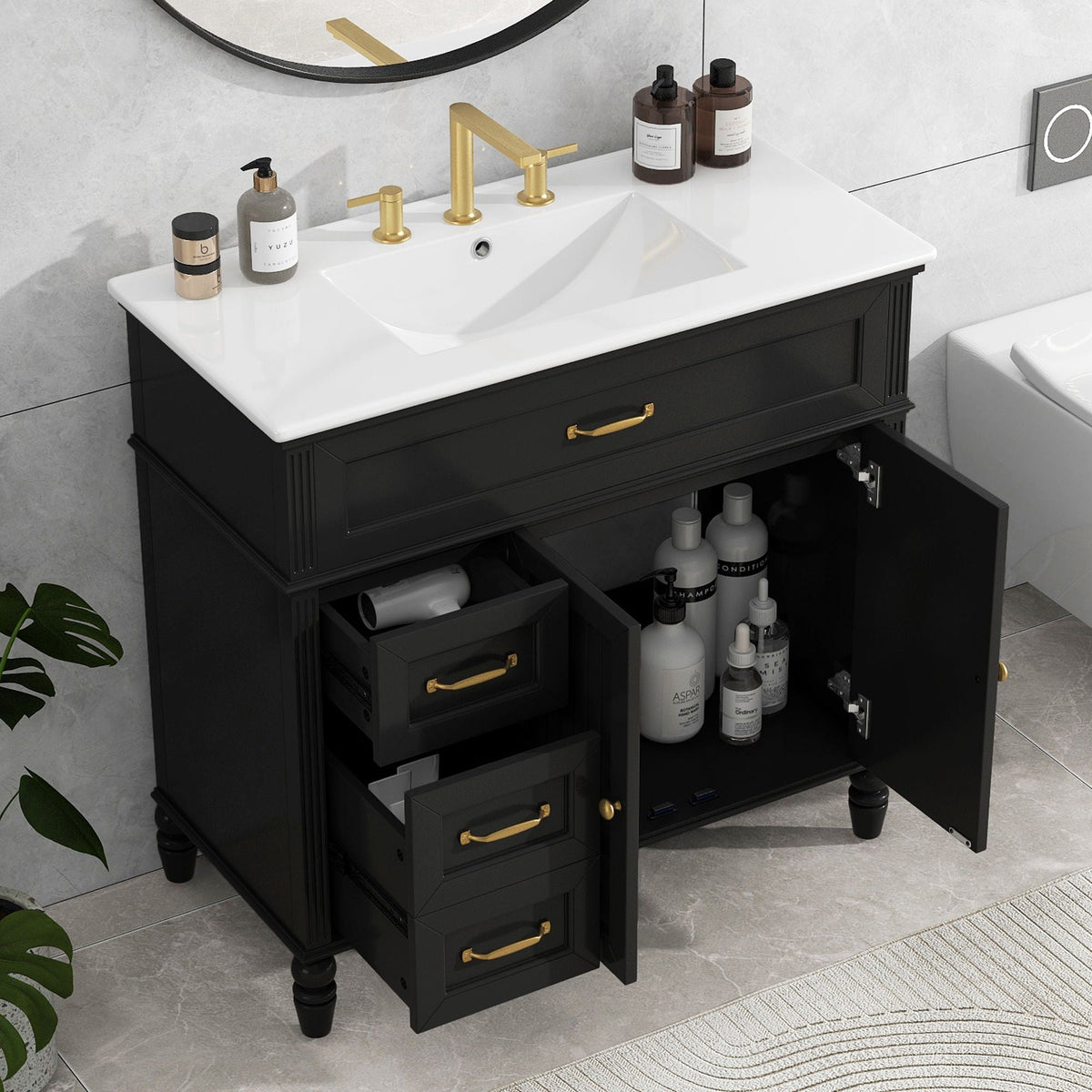 Bathroom vanity with sink, solid wood cabinet, white countertop, gold faucet HouseOfZazla on Tampa Home & Garden Store