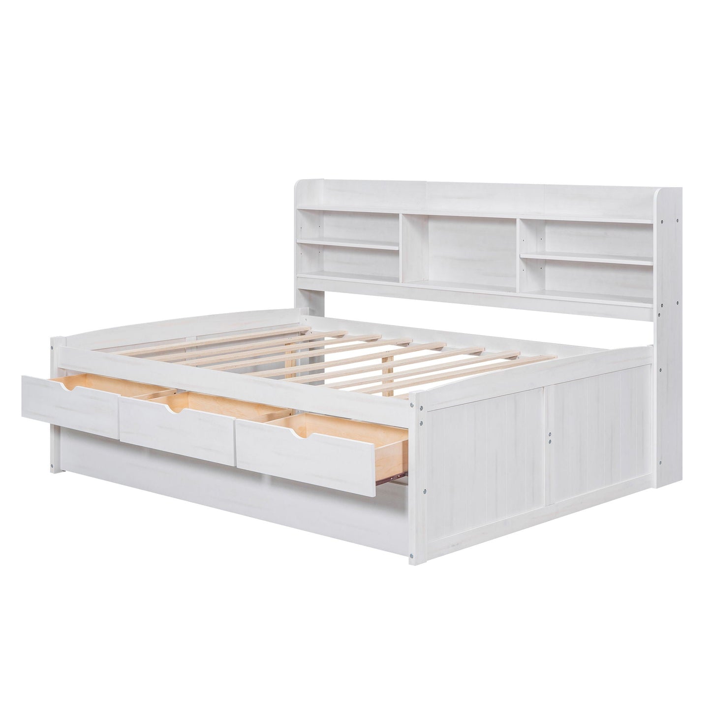 Captain Bed with built-in bookshelves, 3 storage drawers, and trundle in white finish on Tampa Home & Garden Store