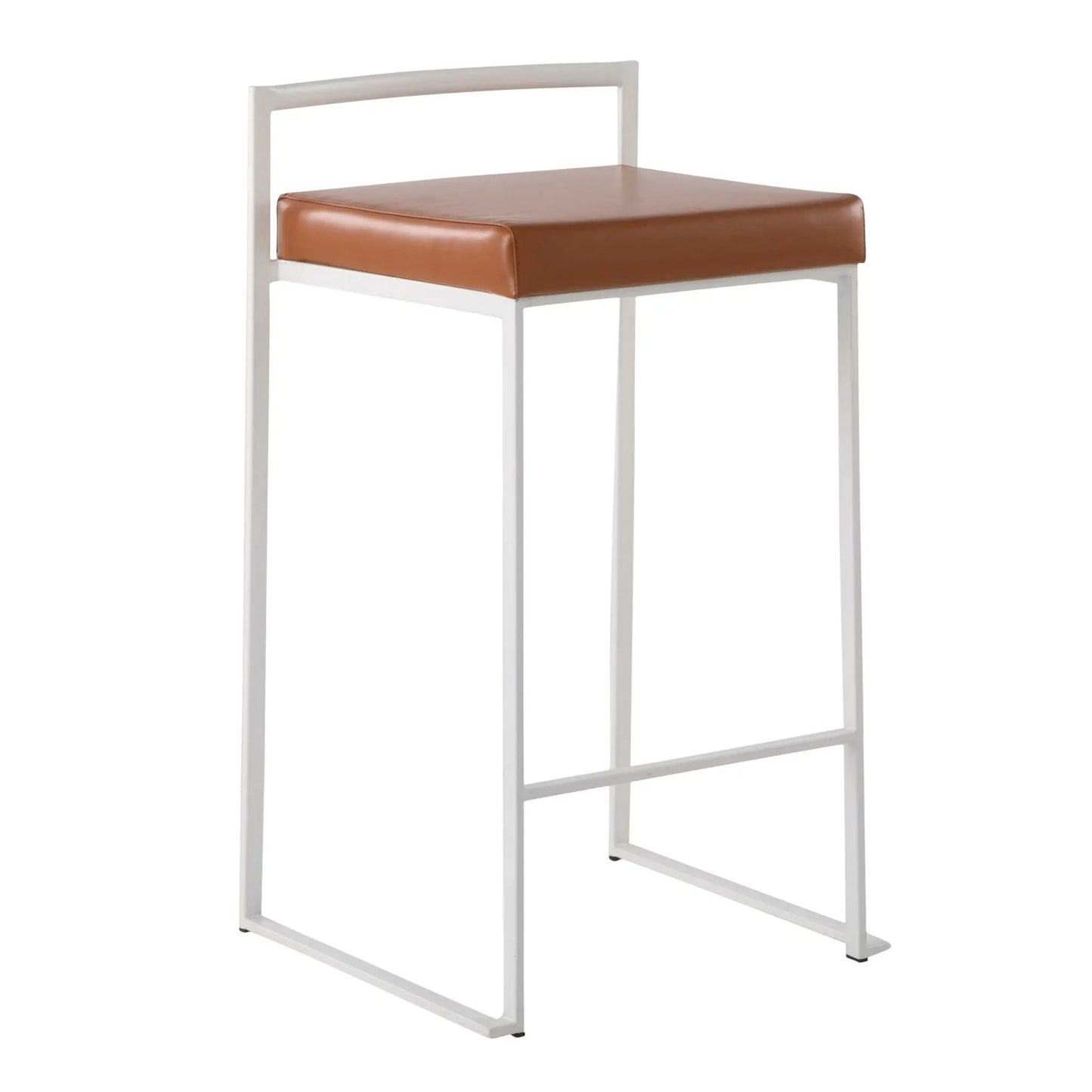 Fuji stackable counter stool with brown leather seat and white metal frame on Tampa Home & Garden Store
