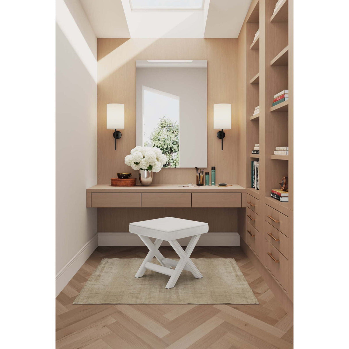 Accent bench with white piped cushion and solid wood frame in a light wood vanity area on Tampa Home & Garden Store