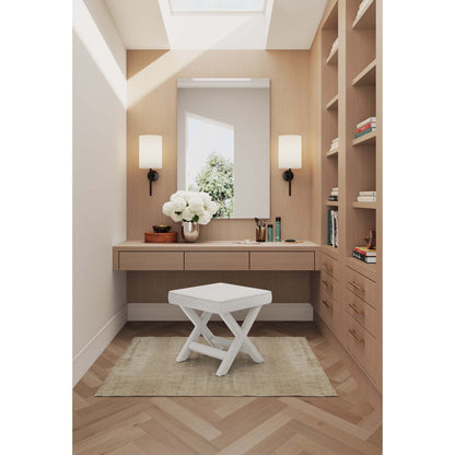 Accent bench with white piped cushion and solid wood frame in a light wood vanity area on Tampa Home & Garden Store
