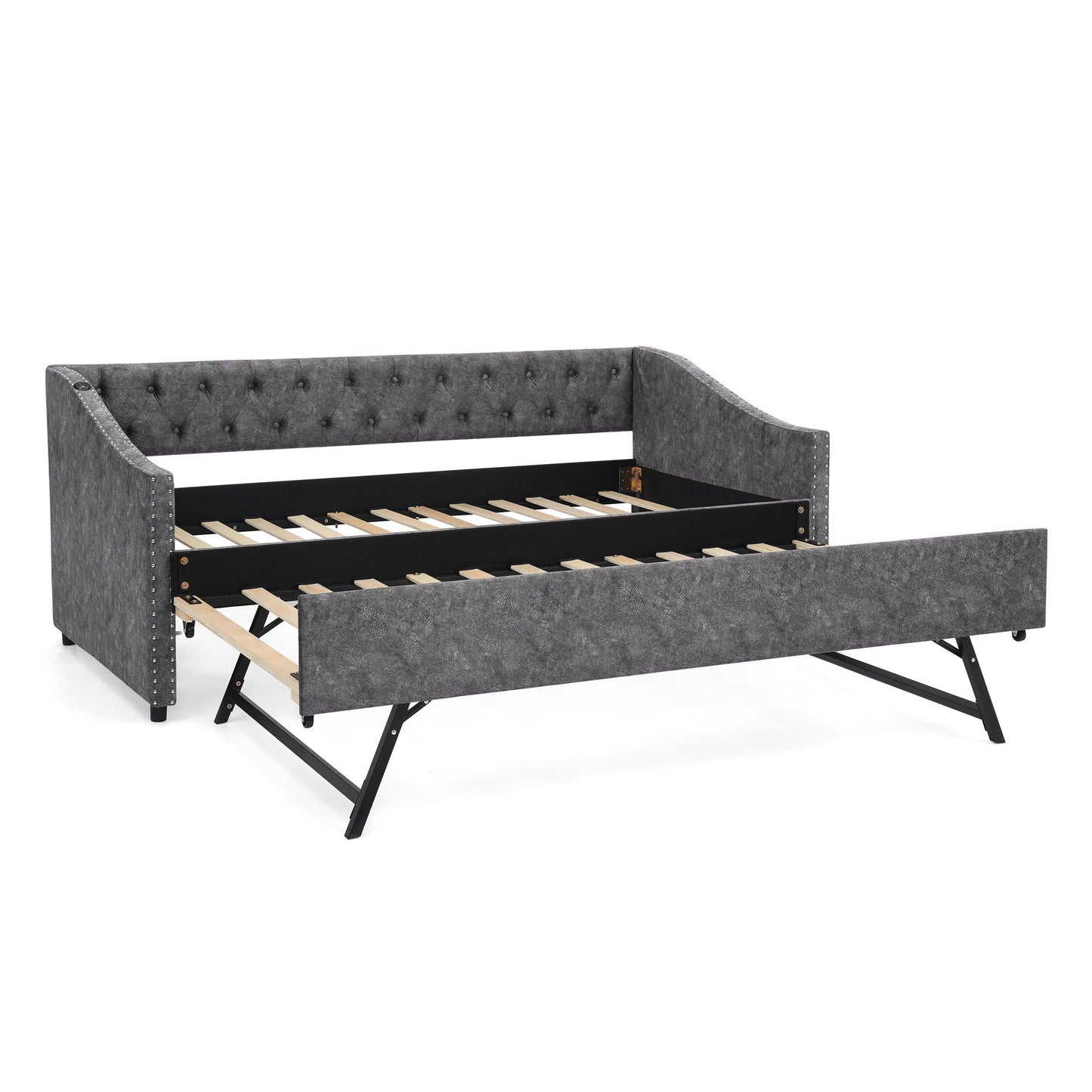 Upholstered gray daybed with tufted back and nailhead trim pull-out trundle bed by HouseOfZazla on Tampa Home & Garden Store
