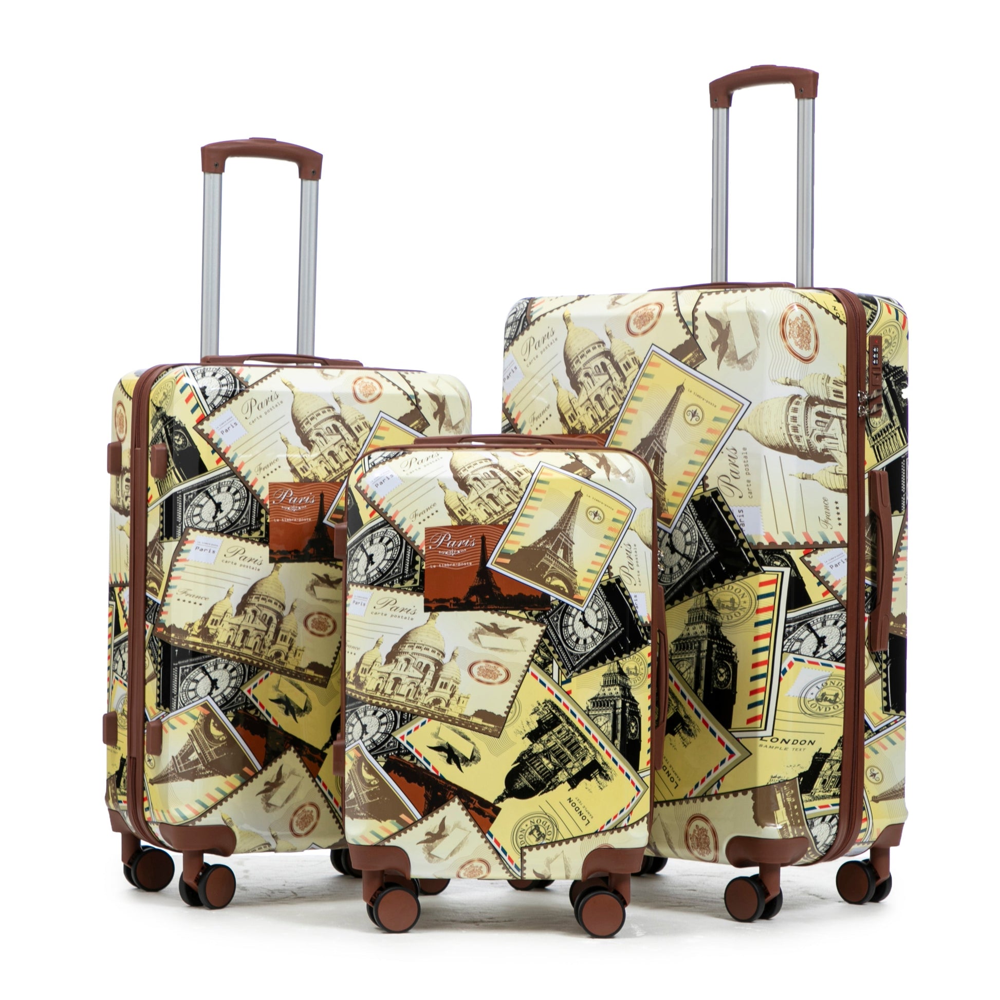 3-Piece PC Spinner Wheel Luggage Set HouseOfZazla in paris-pattern print with brown trim on Tampa Home & Garden Store