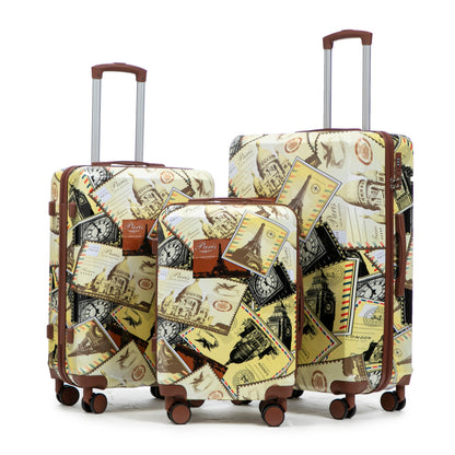 3-Piece PC Spinner Wheel Luggage Set HouseOfZazla in paris-pattern print with brown trim on Tampa Home & Garden Store