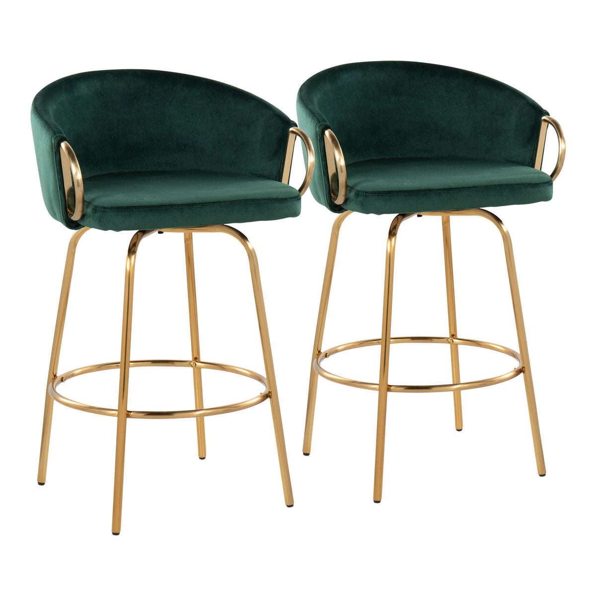 Claire Swivel Counter Stool Set of 2 in emerald velvet with gold legs and ring footrests on Tampa Home & Garden Store