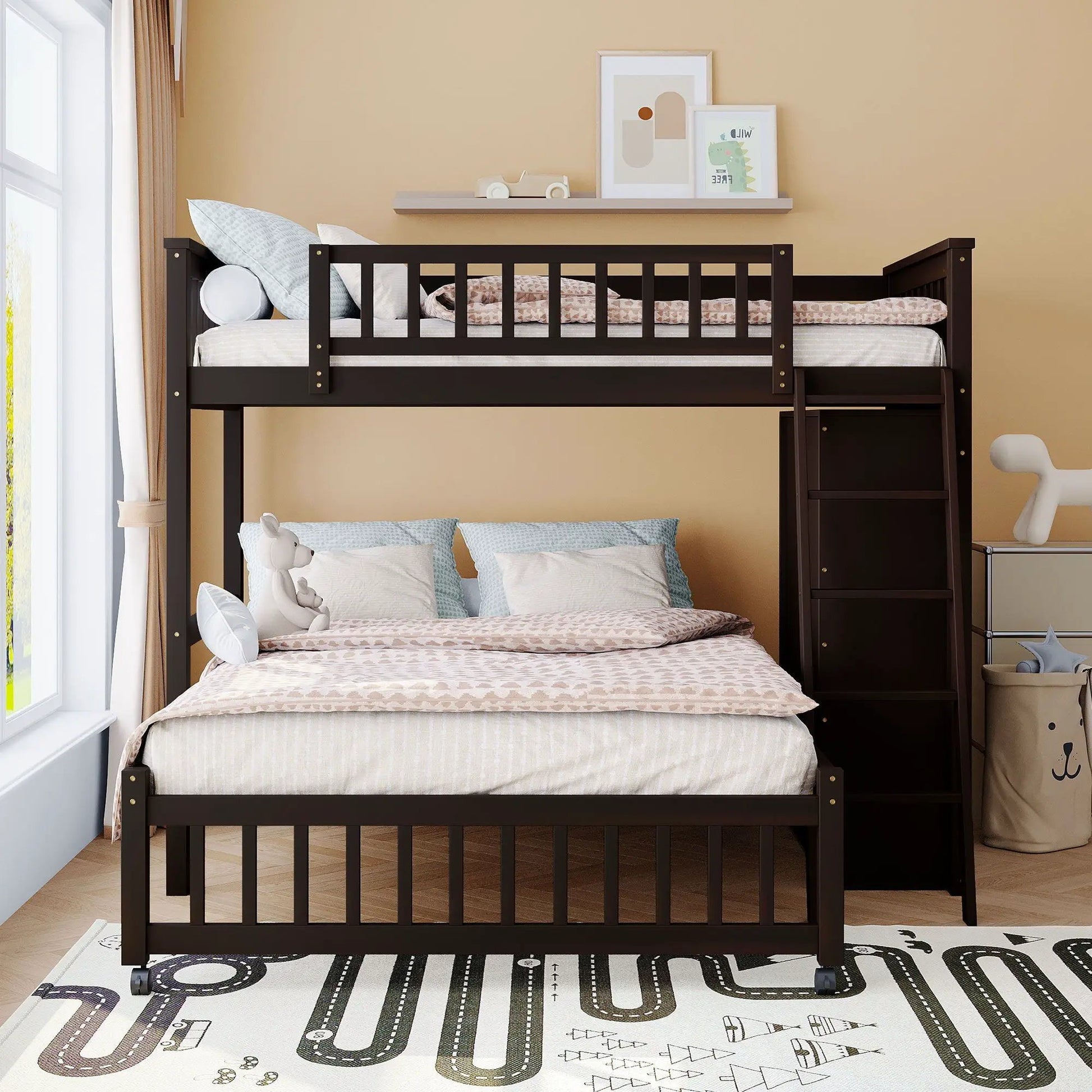 Bunk bed in dark brown with integrated staircase, six drawers beneath and bottom bed on wheels on Tampa Home & Garden Store