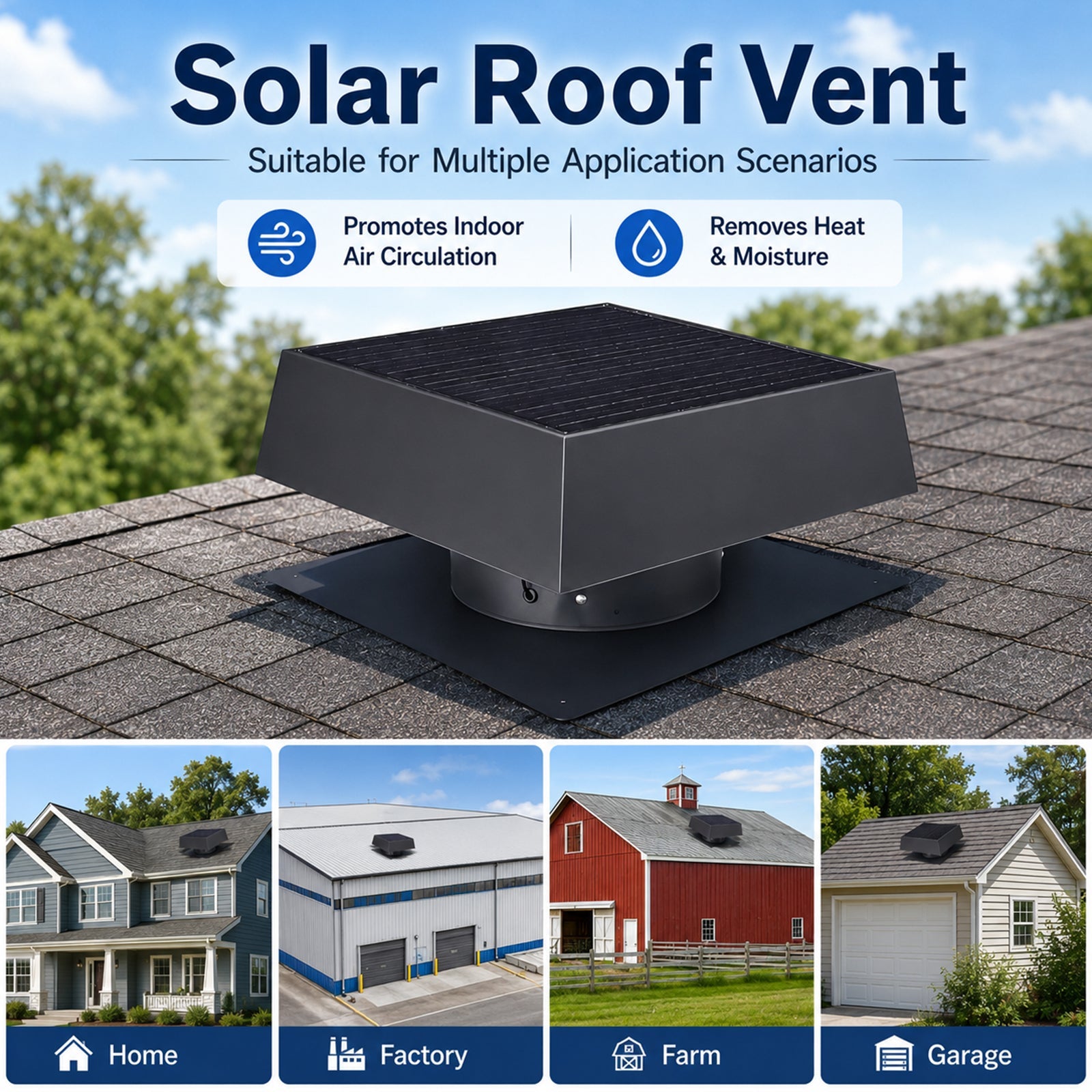12in flushmount trapezoid solar attic vent by HouseOfZazla with dual exhaust black on roof on Tampa Home & Garden Store