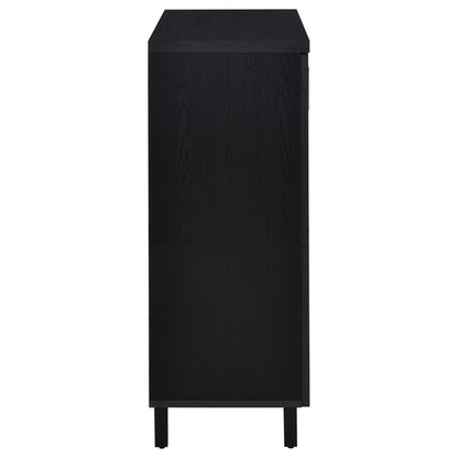 Clackamas 2-Door Accent Cabinet with adjustable shelves in black wood finish gold hardware on Tampa Home & Garden Store