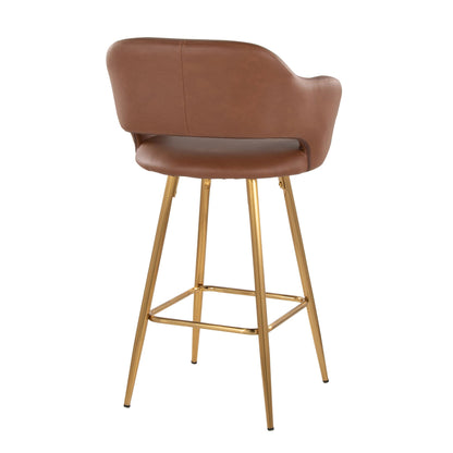 Contemporary fixed-height brown leather counter stools with gold legs, footrests, set of 2 on Tampa Home & Garden Store
