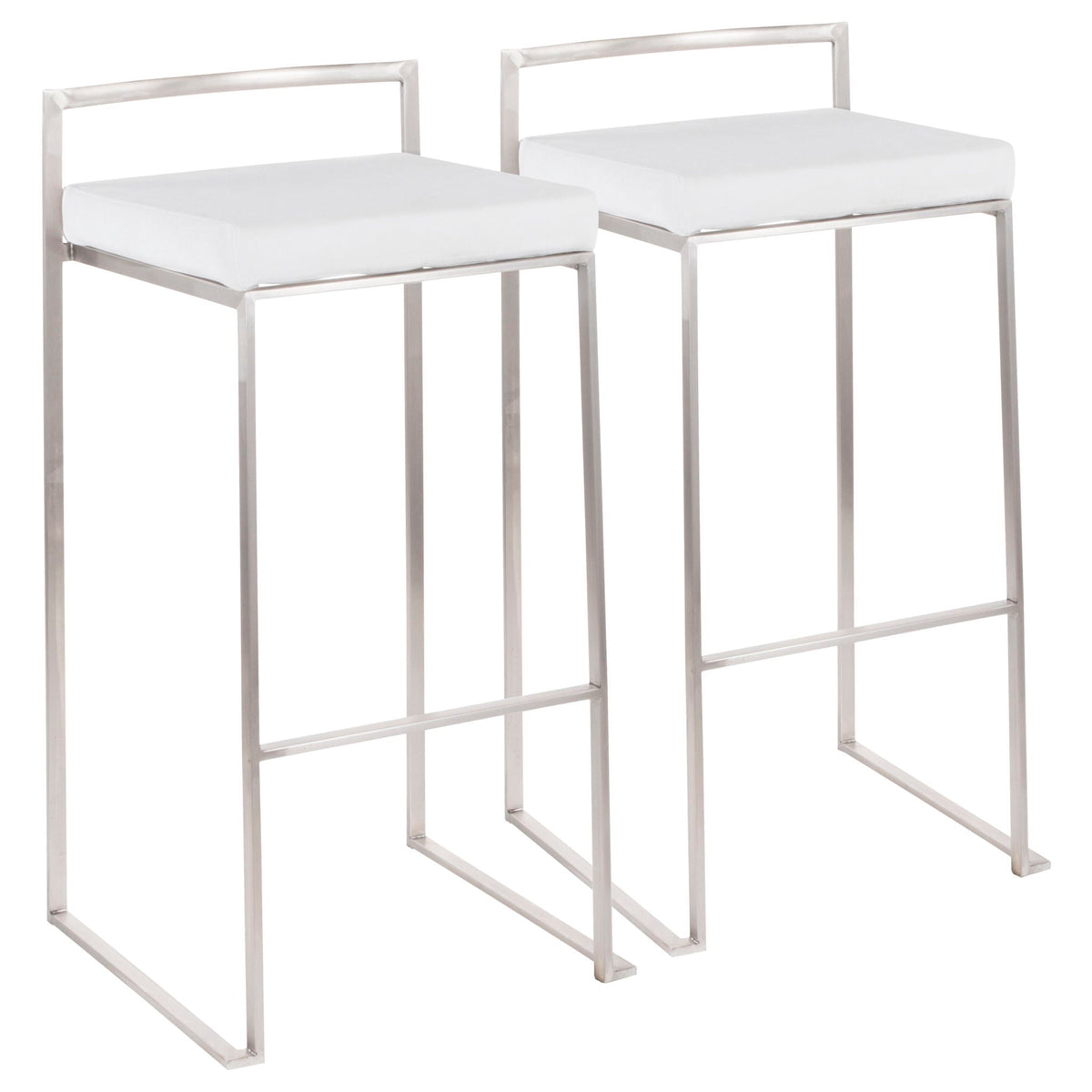 2 stackable barstools with white padded seats and brushed stainless steel frames on Tampa Home & Garden Store