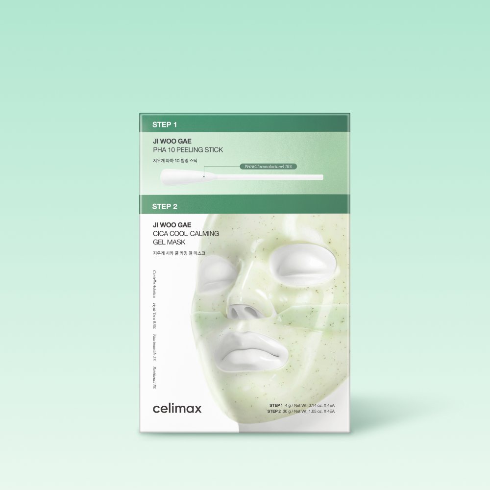 Celimax Ji Woo Gae Cica 2-Step Gel Mask 4ea facial mask set with Step 1 PHA peel and Step 2 Cica mask, green packaging on Tampa Home & Garden Store