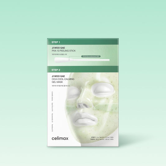 Celimax Ji Woo Gae Cica 2-Step Gel Mask 4ea facial mask set with Step 1 PHA peel and Step 2 Cica mask, green packaging on Tampa Home & Garden Store