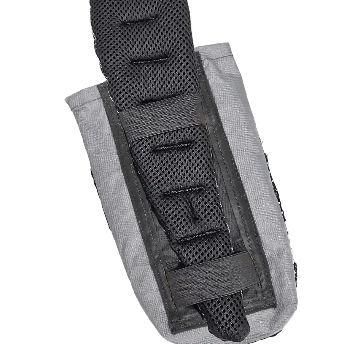 Cell phone pouch for backpack shoulder strap with zipper, gray fabric and padded mesh back on Tampa Home & Garden Store