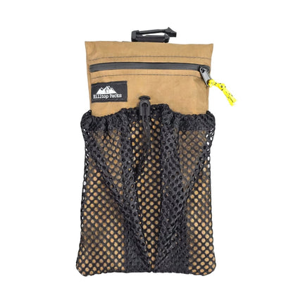 Cell Phone Pouch for Backpack Strap, tan fabric with black mesh pocket, Hilltop Packs logo on Tampa Home & Garden Store