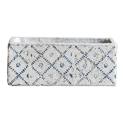 Cement planter with blue diamond pattern, rectangular white finish, RusticReach on Tampa Home & Garden Store