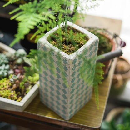 Cement planter square with blue checkerboard pattern RusticReach set of 3 on Tampa Home & Garden Store