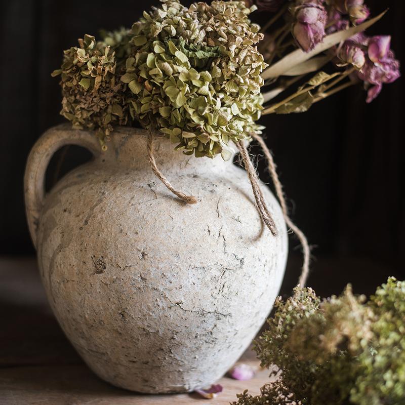 Cement amphora vase in rustic gray with jute handles and dried hydrangea bouquet RusticReach on Tampa Home & Garden Store