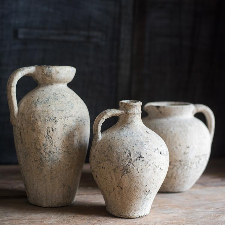Cement pot Pompeii style handmade amphora vase trio in aged beige cement by RusticReach on Tampa Home & Garden Store