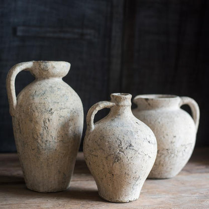 Cement pot Pompeii style handmade amphora vase trio in aged beige cement by RusticReach on Tampa Home & Garden Store