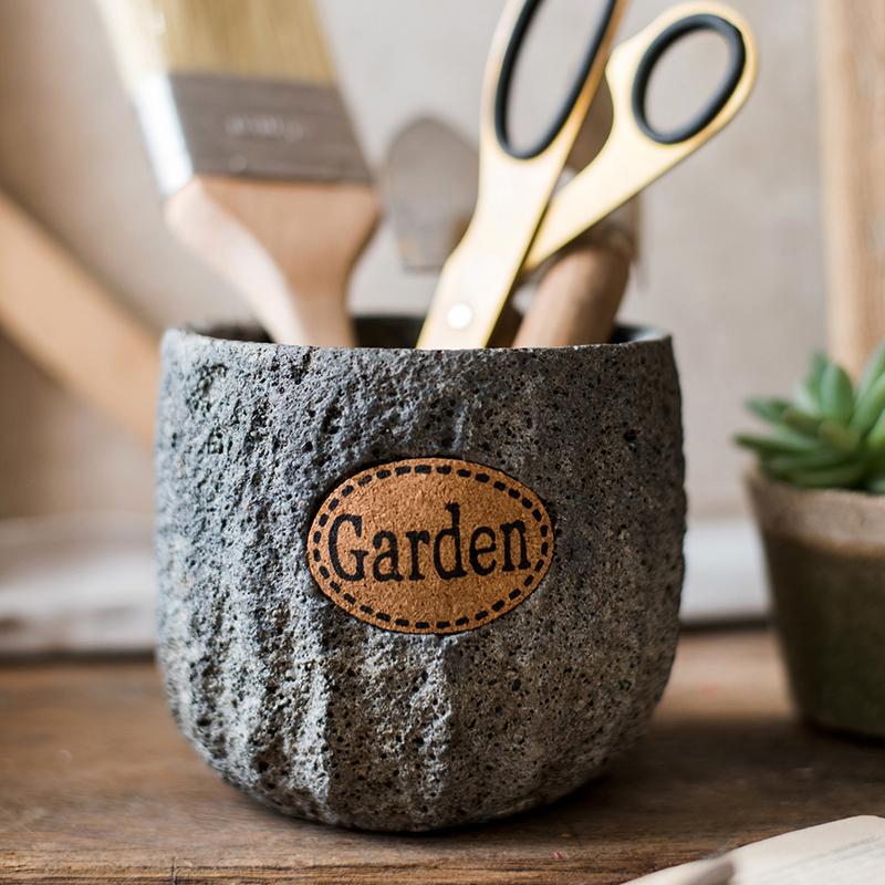 RusticReach cement stone tiny garden planter with gray textured surface and leather label on Tampa Home & Garden Store