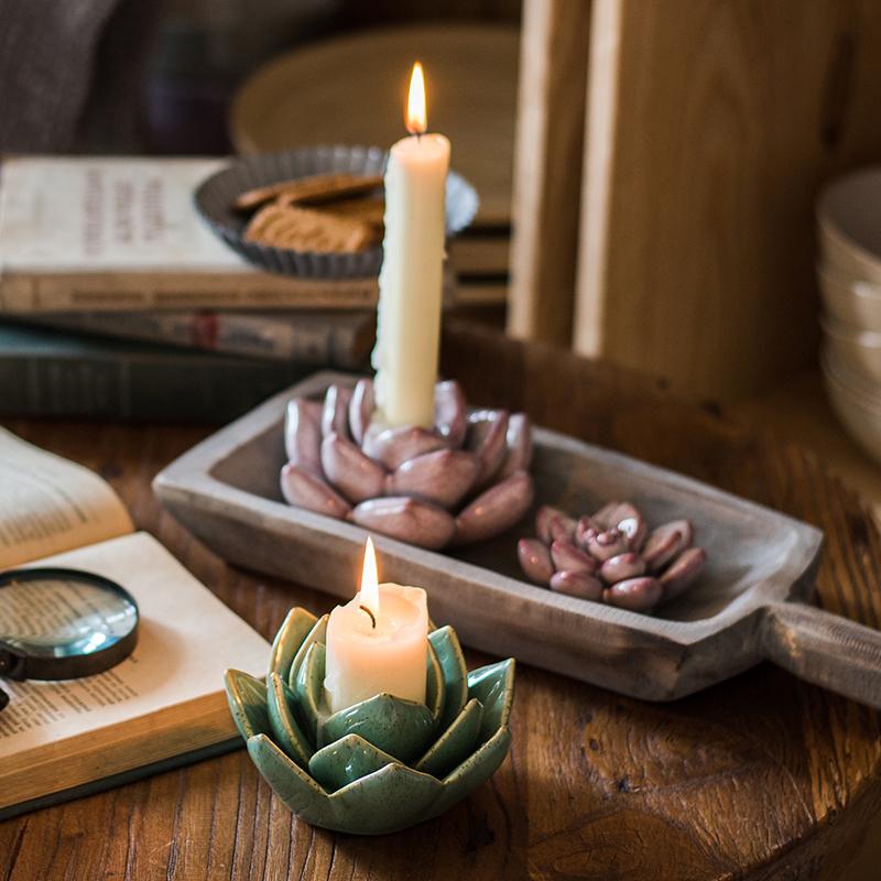 Ceramic Floral Candle Holders in teal and pink palettes with lit candles RusticReach on Tampa Home & Garden Store