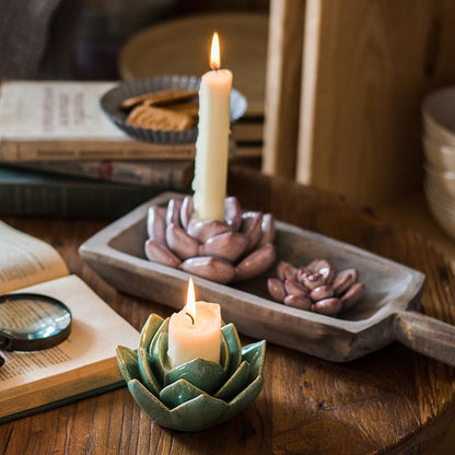 Ceramic Floral Candle Holders in teal and pink palettes with lit candles RusticReach on Tampa Home & Garden Store