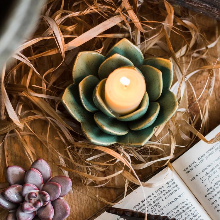 Ceramic Floral Candle Holder with teal succulent petals and a lit candle, RusticReach on Tampa Home & Garden Store
