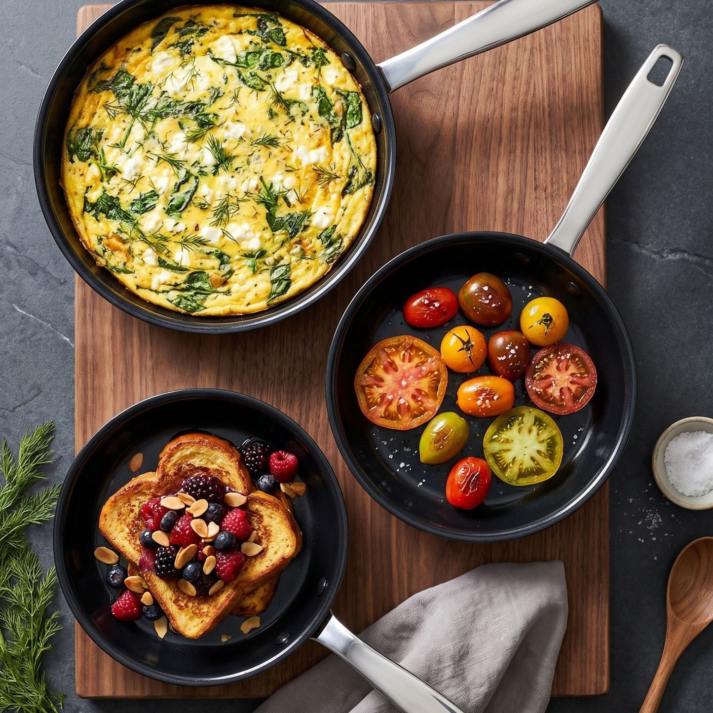 Alva Ceramic Nonstick Cookware Set, 9-Piece with black pans on a wooden board on Tampa Home & Garden Store