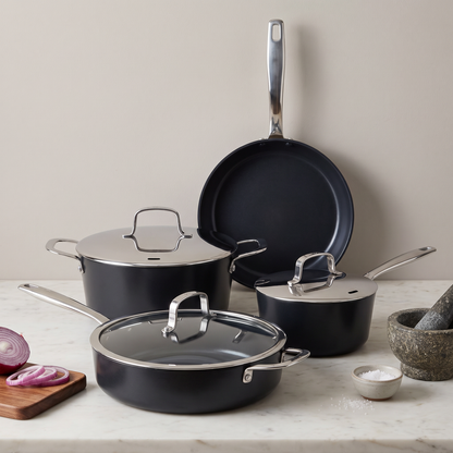 Alva Ceramic Nonstick Cookware Set, 9-Piece with black pots and pans and glass lids on Tampa Home & Garden Store