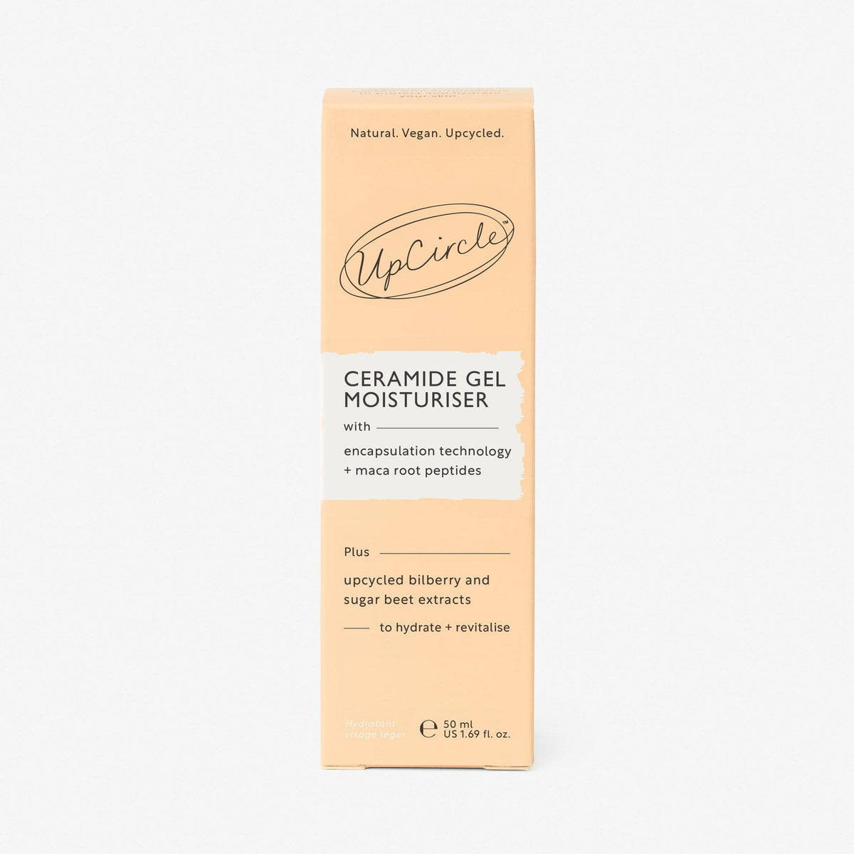 Ceramide Gel Moisturiser box by UpCircle, peach packaging with natural vegan upcycled branding on Tampa Home & Garden Store
